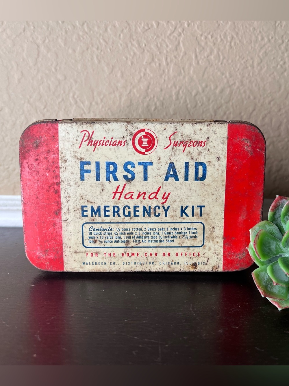 Vintage 1950s Walgreen First Aid Tin, Handy Emergency Kit, Americana Advertising
